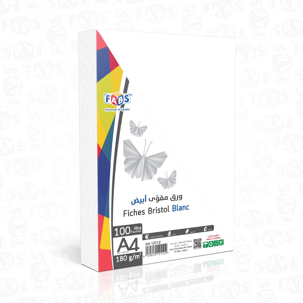 PAPIER BRISTOL A4 100F 180G UNI COULEUR FABS HILLAL